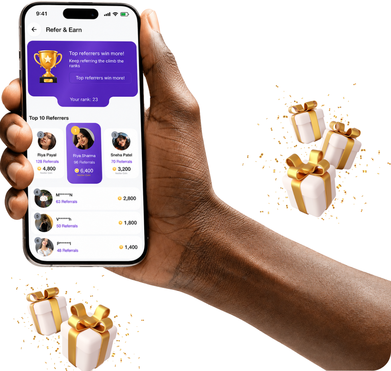 Refer & Earn app screen showing leaderboard